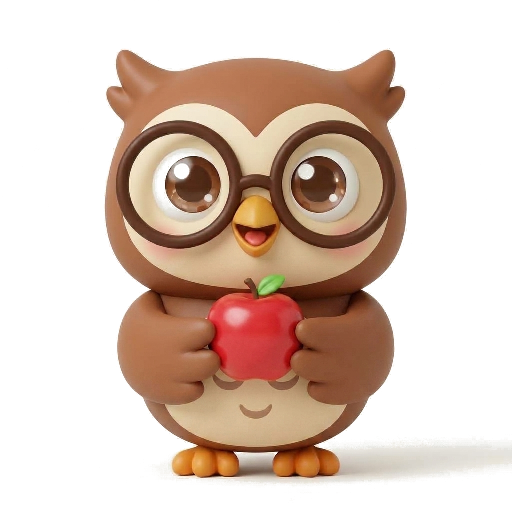 Barnaby the Owl holding a crisp red apple