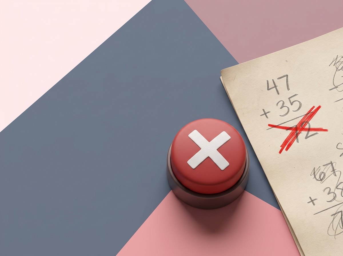 Traditional math buzzer marked with an X next to a crossed-out math problem