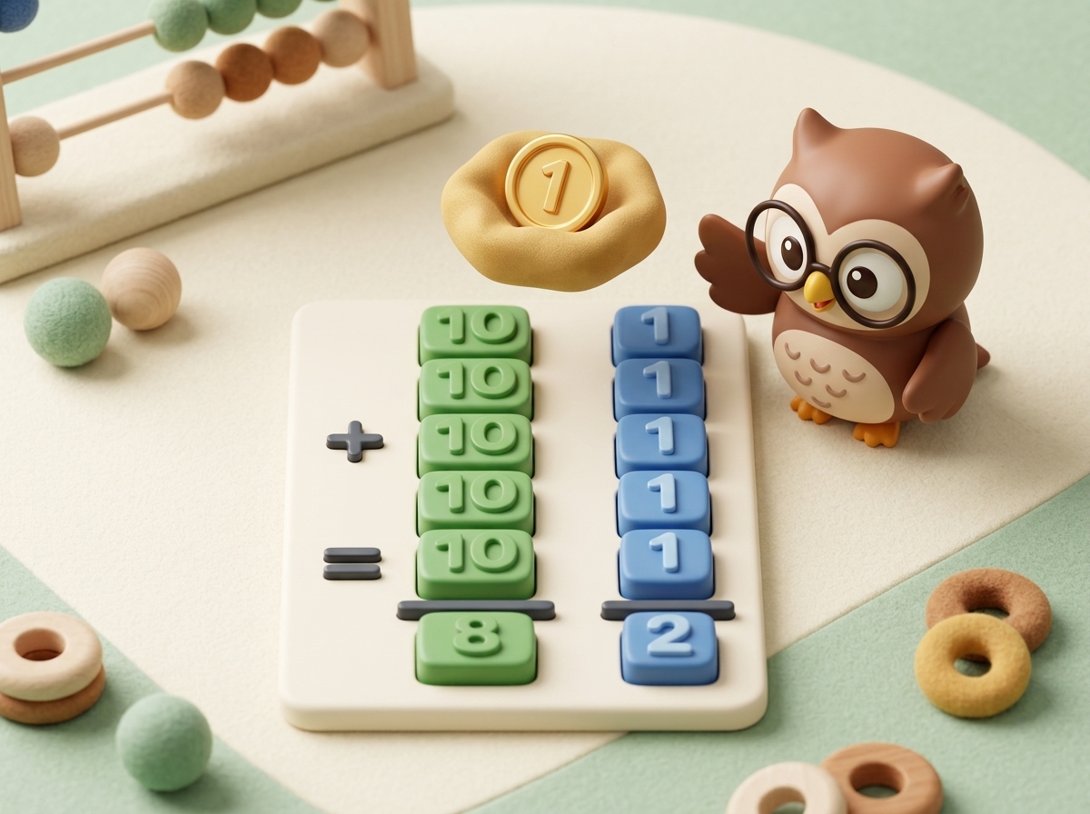 3D illustration of Barnaby the Owl pointing to a color-coded carry block in a calm math workspace